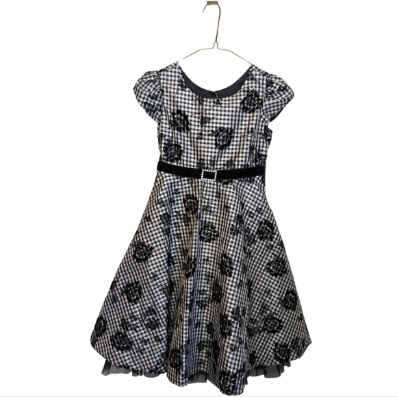 Jona Michelle sz8 Black & white gingham flocked floral fit & flare dress EUC - Picture 1 of 6